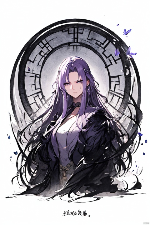  a woman in business attire, long hair, light purple hair, hair shawl, dabolang hairstyle, earring, fluffy hair, butterfly headdress, serious expression, mature face, beautiful anime portrait, palace, digital anime illustration, beautiful anime style, a beautiful fantasy female chairman, anime illustration, anime fantasy illustration, beautiful character painting, trending on artstration,（\personality\）, (\yan yu\), (\shen ming shao nv\), Ink scattering_Chinese style, midjourney portrait
