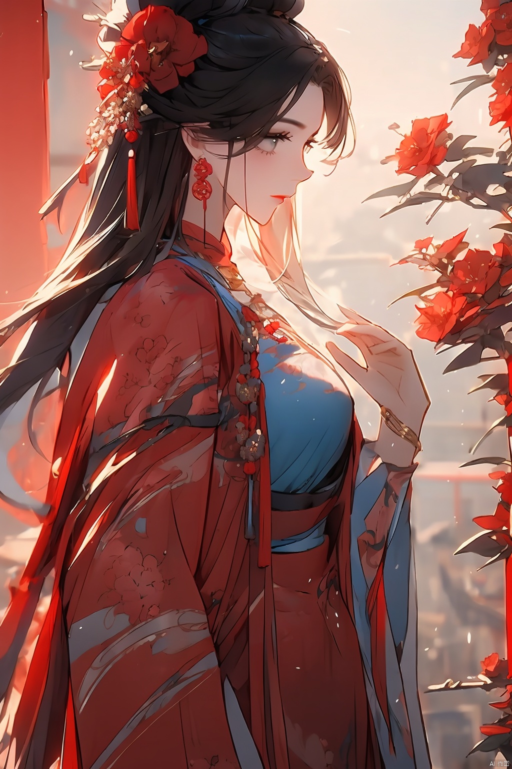  1girl, solo, long hair, black hair, hair ornament, jewelry, closed mouth, upper body, flower, earrings, blurry, from side, eyelashes, profile, makeup, red background, chinese clothes, red flower, tassel, branch, red lips, tassel earrings, guoflinke,midjourney portrait, Ink scattering_Chinese style, Dragon and girl,navel, jyy-hd, guidao