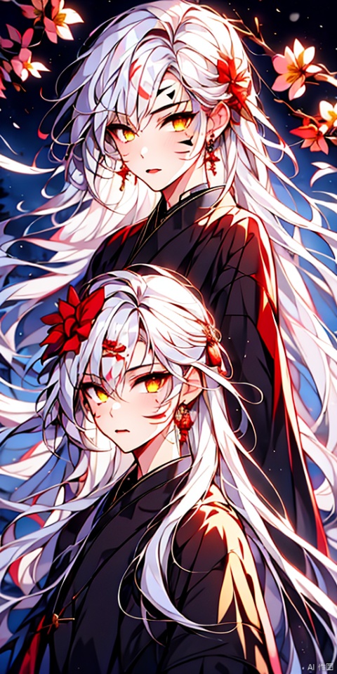  1girl, long hair, looking at viewer, hair ornament, 1boy, jewelry, yellow eyes, flower, white hair, earrings, hair flower, mole, fur trim, mole under eye, siblings, facial mark, red flower, brother and sister, branch, bishounen