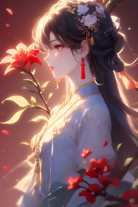  1girl, solo, long hair, black hair, hair ornament, jewelry, closed mouth, upper body, flower, earrings, blurry, from side, eyelashes, profile, makeup, red background, chinese clothes, red flower, tassel, branch, red lips, tassel earrings, guoflinke, midjourney portrait, Ink scattering_Chinese style