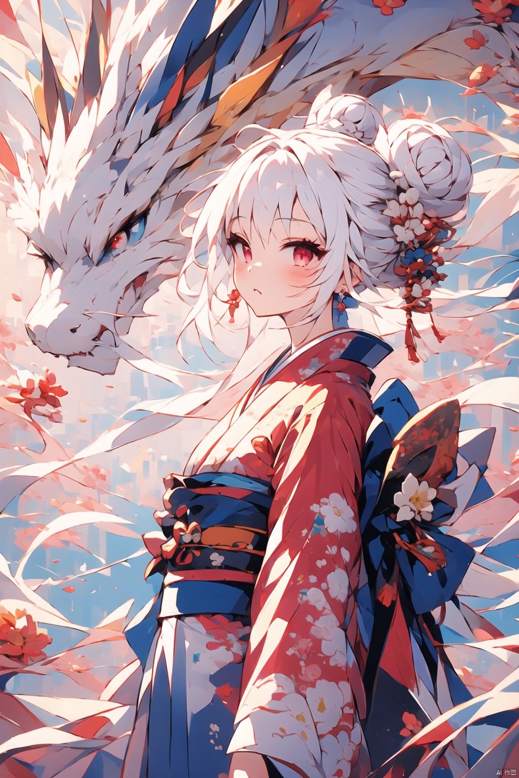  Dragon and girl, 1girl, dragon, japanese clothes, kimono, white hair, hair ornament, eastern dragon, blue eyes, red kimono, hair flower, hair bun, flower, sash, long sleeves, wide sleeves, obi, solo, petals, bangs, from side, floral print, single hair bun, closed mouth, sidelocks, long hair, red eyes, ribbon