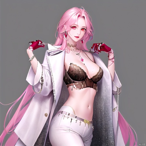  wuqimitu, mature female, 1girl, jewelry, breasts, gloves, solo, long hair, pink hair, ring, earrings, navel, pants, necklace, cleavage, gem, belt, grey background, simple background, white pants, midriff, red gemstone, black gloves, single glove, red eyes, lace gloves, coat, hand on hip, bra, looking at viewer, white coat, cowboy shot, beads, jacket, stomach, long sleeves, very long hair, makeup, medium breasts, hand up, wide sleeves, nail polish, red nails, half gloves, bangs, open clothes, underwear, crop top, floral print, closed mouth, chain, white jacket, green gemstone, multiple rings, smile, bustier, open coat, bracelet