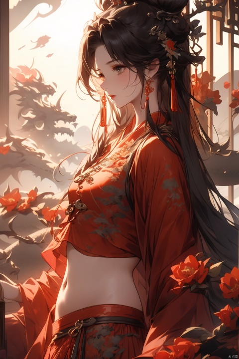  1girl, solo, long hair, black hair, hair ornament, jewelry, closed mouth, upper body, flower, earrings, blurry, from side, eyelashes, profile, makeup, red background, chinese clothes, red flower, tassel, branch, red lips, tassel earrings, guoflinke,midjourney portrait, Ink scattering_Chinese style, Dragon and girl,navel, jyy-hd, guidao, girl, dragon, liuyifei, xiaowu, OL,dofas