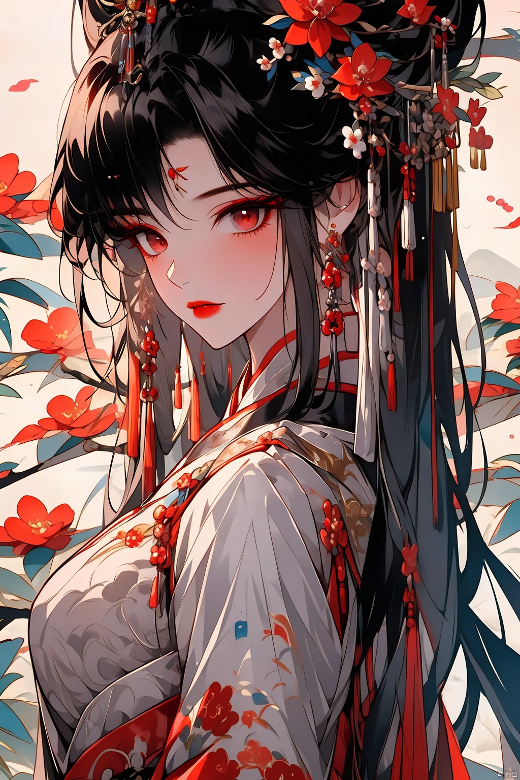  1girl, solo, long hair, black hair, hair ornament, jewelry, closed mouth, upper body, flower, earrings, blurry, from side, eyelashes, profile, makeup, red background, chinese clothes, red flower, tassel, branch, red lips, tassel earrings, guoflinke, midjourney portrait, Ink scattering_Chinese style, yifu, yue , hair ornament , hanfu, Chinese ink painting, wangyushan, (\yan yu\),yuzu, huliya, jujingyi, liuyifei,X-Yunxiao,yjmonochrome,ziling_xianzi, qingyi, bpwc, smwuxia Chinese text blood weapon:sw, Yunxiao_Fairy, xiaowu, meiren-red lips, meidusha,backlight, xiaoyixian, yunxi, duoliya, colors, tifa, tutult, Purity Portait, ((poakl)),purple hair, xihua,cyborg,Pink Mecha,fdjz, jianghu, long yedress and white blindfold, [(white background:1.5)::5], yunxiao, (\ji jian\),gchf,Ink and wash style, yue , hair ornament , hanfu, tianxie, yuechan