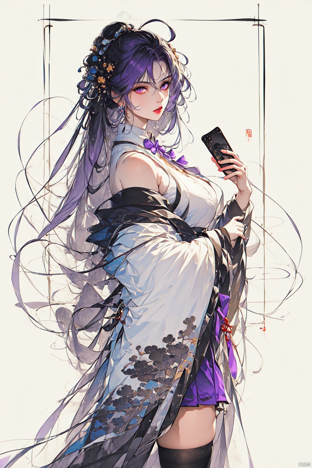  (best quality), (masterpiece),1girl, solo, thighhighs, long hair, holding, purple eyes, shirt, skirt, white shirt, holding phone, phone, white thighhighs, high-waist skirt, bangs, black skirt, looking at viewer, ribbon, hair ribbon, bow, very long hair, breasts, cellphone, medium breasts, parted lips, frills, black bow, black ribbon, bowtie, collared shirt, long sleeves, multicolored hair, sleeveless, ahoge, grey hair, bare shoulders, pleated skirt, sleeveless shirt, center frills, hair between eyes, off shoulder, standing, blurry background, blurry, zettai ryouiki, black bowtie, cowboy shot, indoors, purple hair, smartphone, white hair, Ink scattering_Chinese style, guoflinke