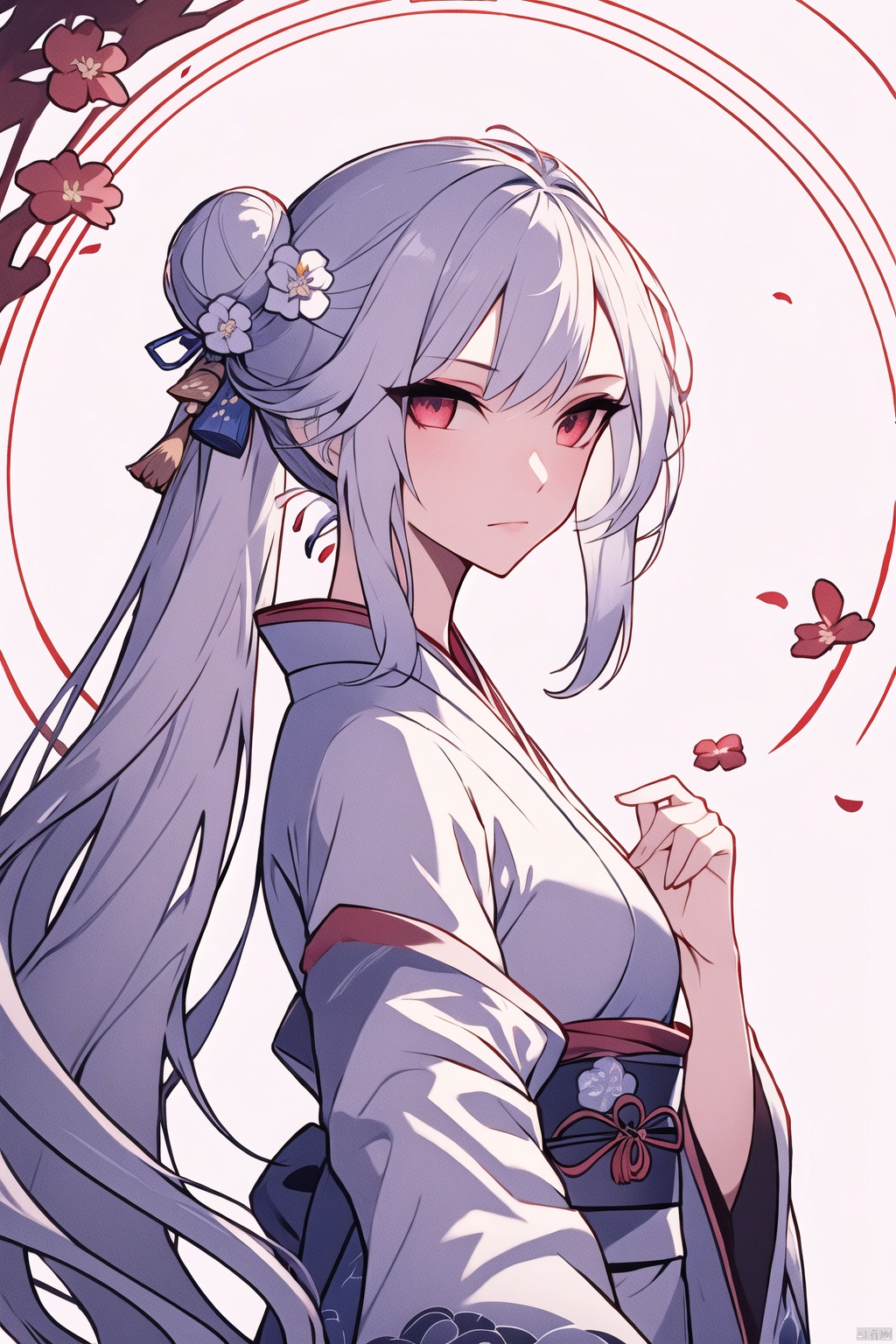  Dragon and girl, 1girl, dragon, japanese clothes, kimono, white hair, hair ornament, eastern dragon, blue eyes, red kimono, hair flower, hair bun, flower, sash, long sleeves, wide sleeves, obi, solo, petals, bangs, from side, floral print, single hair bun, closed mouth, sidelocks, long hair, red eyes, ribbon, pf-hd, midjourney portrait, chinese dress,white dress