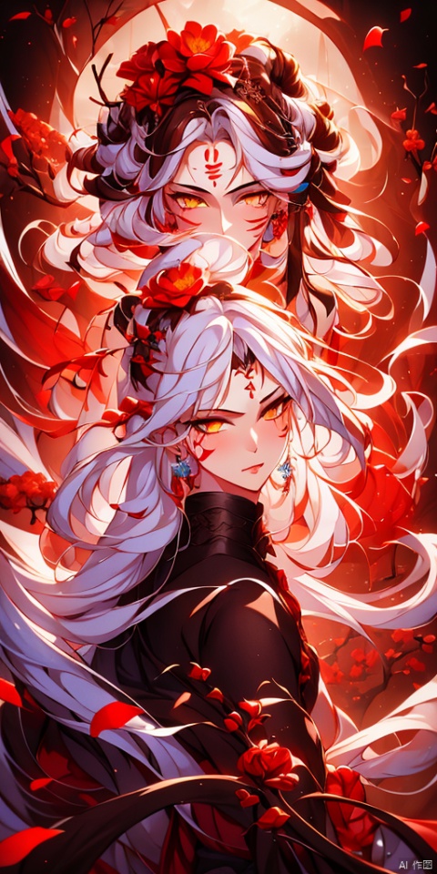  1girl, long hair, looking at viewer, hair ornament, 1boy, jewelry, yellow eyes, flower, white hair, earrings, hair flower, mole, fur trim, mole under eye, siblings, facial mark, red flower, brother and sister, branch, bishounen, Ink scattering_Chinese style