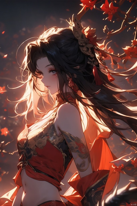  1girl, solo, long hair, black hair, hair ornament, jewelry, closed mouth, upper body, flower, earrings, blurry, from side, eyelashes, profile, makeup, red background, chinese clothes, red flower, tassel, branch, red lips, tassel earrings, guoflinke,midjourney portrait, Ink scattering_Chinese style, Dragon and girl,navel, jyy-hd, guidao