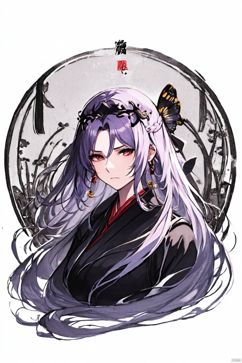  a woman in business attire, long hair, light purple hair, hair shawl, dabolang hairstyle, earring, fluffy hair, butterfly headdress, serious expression, mature face, beautiful anime portrait, palace, digital anime illustration, beautiful anime style, a beautiful fantasy female chairman, anime illustration, anime fantasy illustration, beautiful character painting, trending on artstration,（\personality\）, (\yan yu\), (\shen ming shao nv\), Ink scattering_Chinese style, midjourney portrait