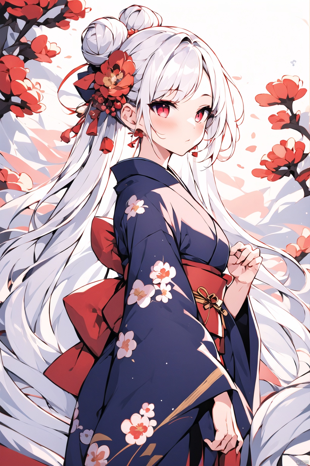  Dragon and girl, 1girl, dragon, japanese clothes, kimono, white hair, hair ornament, eastern dragon, blue eyes, red kimono, hair flower, hair bun, flower, sash, long sleeves, wide sleeves, obi, solo, petals, bangs, from side, floral print, single hair bun, closed mouth, sidelocks, long hair, red eyes, ribbon