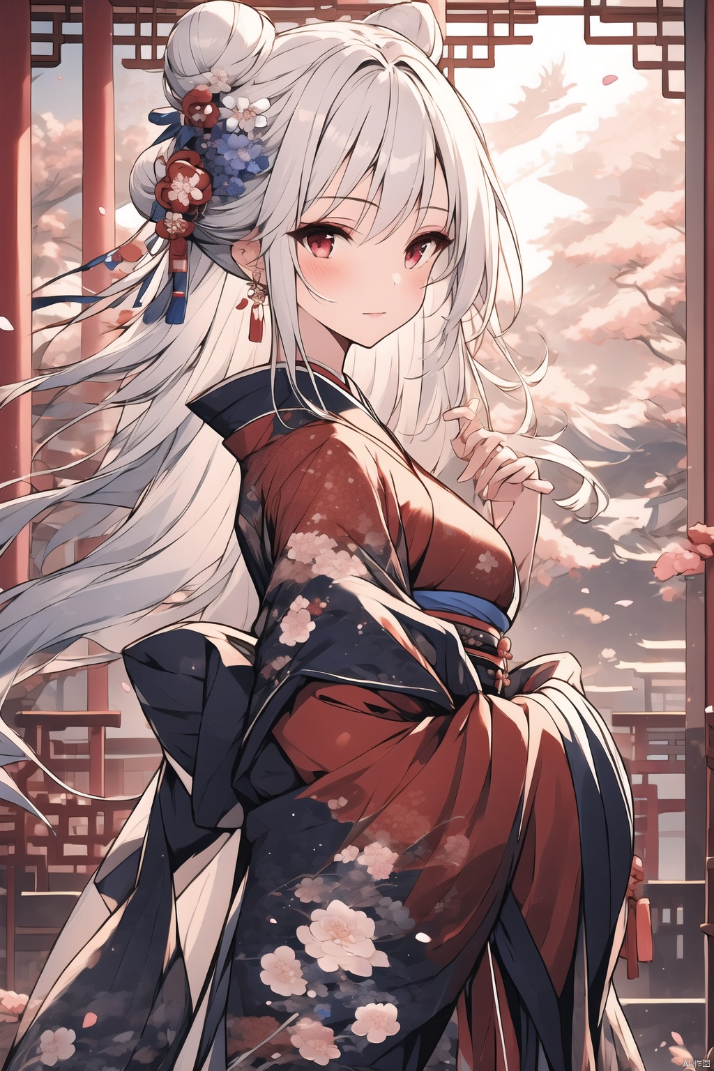  Dragon and girl, 1girl, dragon, japanese clothes, kimono, white hair, hair ornament, eastern dragon, blue eyes, red kimono, hair flower, hair bun, flower, sash, long sleeves, wide sleeves, obi, solo, petals, bangs, from side, floral print, single hair bun, closed mouth, sidelocks, long hair, red eyes, ribbon, pf-hd, midjourney portrait, chinese dress