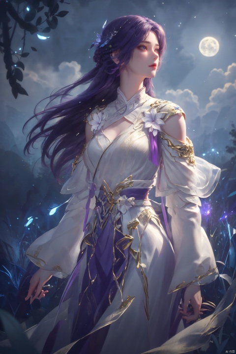  ((4k,masterpiece,best quality)), professional camera, 8k photos, wallpaper
1 girl, solo,purple hair,ethereal fairy, floating on clouds, sparkling gown with iridescent butterfly wings, holding a magic wand, surrounded by dancing fireflies, twilight sky, full moon, mystical forest in the background, glowing mushrooms, enchanted flowers, softly illuminated by bioluminescence, serene expression, delicate features with pointed ears, flowing silver hair adorned with tiny stars, gentle breeze causing her dress and hair to flow ethereally, dreamlike atmosphere, surreal color palette, high dynamic range lighting, intricate details, otherworldly aesthetic.