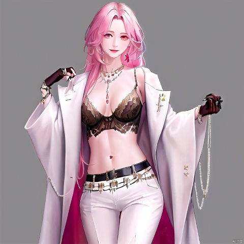  wuqimitu, mature female, 1girl, jewelry, breasts, gloves, solo, long hair, pink hair, ring, earrings, navel, pants, necklace, cleavage, gem, belt, grey background, simple background, white pants, midriff, red gemstone, black gloves, single glove, red eyes, lace gloves, coat, hand on hip, bra, looking at viewer, white coat, cowboy shot, beads, jacket, stomach, long sleeves, very long hair, makeup, medium breasts, hand up, wide sleeves, nail polish, red nails, half gloves, bangs, open clothes, underwear, crop top, floral print, closed mouth, chain, white jacket, green gemstone, multiple rings, smile, bustier, open coat, bracelet