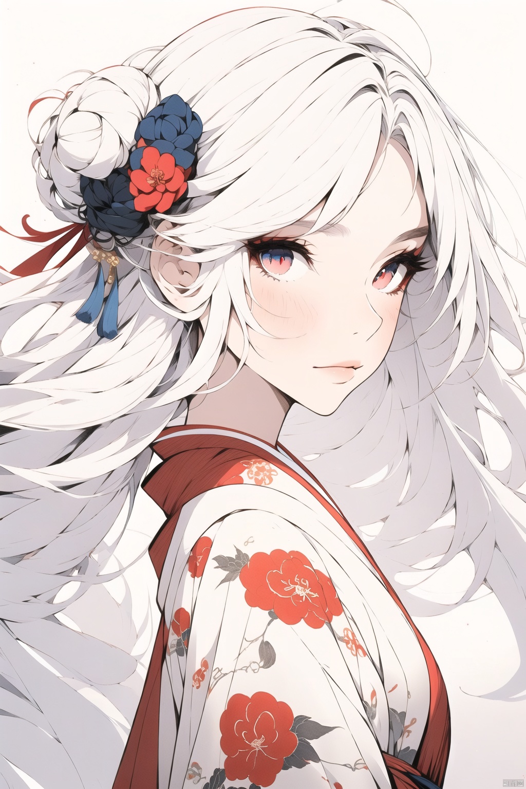  Dragon and girl, 1girl, dragon, japanese clothes, kimono, white hair, hair ornament, eastern dragon, blue eyes, red kimono, hair flower, hair bun, flower, sash, long sleeves, wide sleeves, obi, solo, petals, bangs, from side, floral print, single hair bun, closed mouth, sidelocks, long hair, red eyes, ribbon, pf-hd, midjourney portrait, chinese dress,white dress, Ink scattering_Chinese style, guoflinke, Chinese ink painting