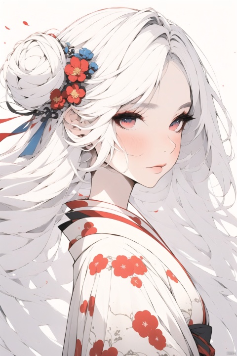  Dragon and girl, 1girl, dragon, japanese clothes, kimono, white hair, hair ornament, eastern dragon, blue eyes, red kimono, hair flower, hair bun, flower, sash, long sleeves, wide sleeves, obi, solo, petals, bangs, from side, floral print, single hair bun, closed mouth, sidelocks, long hair, red eyes, ribbon, pf-hd, midjourney portrait, chinese dress,white dress, Ink scattering_Chinese style, guoflinke, Chinese ink painting