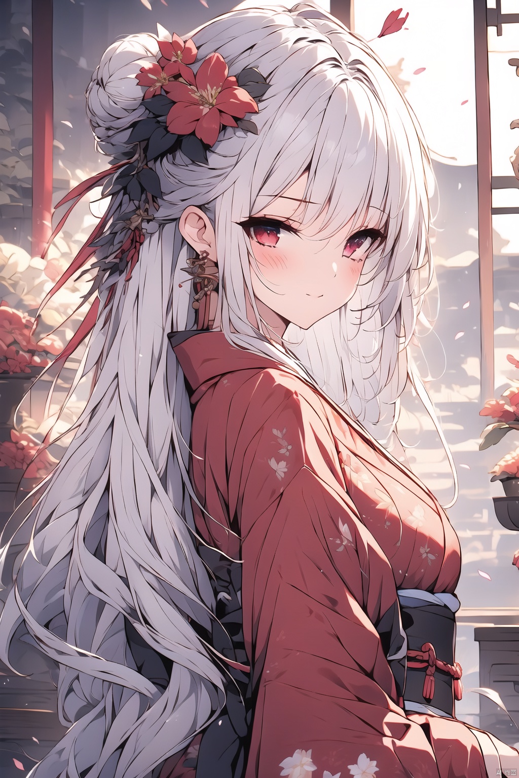  Dragon and girl, 1girl, dragon, japanese clothes, kimono, white hair, hair ornament, eastern dragon, blue eyes, red kimono, hair flower, hair bun, flower, sash, long sleeves, wide sleeves, obi, solo, petals, bangs, from side, floral print, single hair bun, closed mouth, sidelocks, long hair, red eyes, ribbon, pf-hd, midjourney portrait