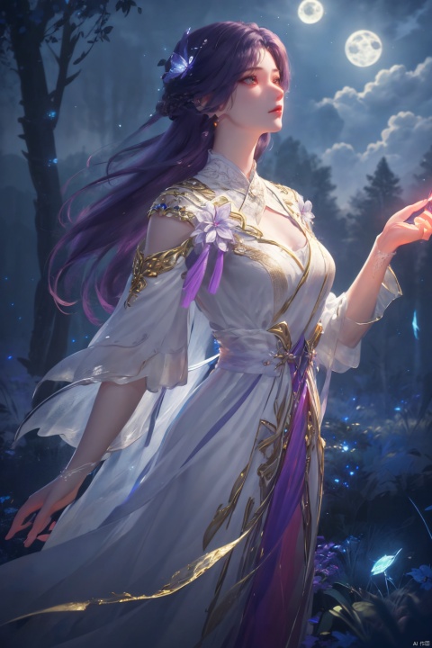  ((4k,masterpiece,best quality)), professional camera, 8k photos, wallpaper
1 girl, solo,purple hair,ethereal fairy, floating on clouds, sparkling gown with iridescent butterfly wings, holding a magic wand, surrounded by dancing fireflies, twilight sky, full moon, mystical forest in the background, glowing mushrooms, enchanted flowers, softly illuminated by bioluminescence, serene expression, delicate features with pointed ears, flowing silver hair adorned with tiny stars, gentle breeze causing her dress and hair to flow ethereally, dreamlike atmosphere, surreal color palette, high dynamic range lighting, intricate details, otherworldly aesthetic.