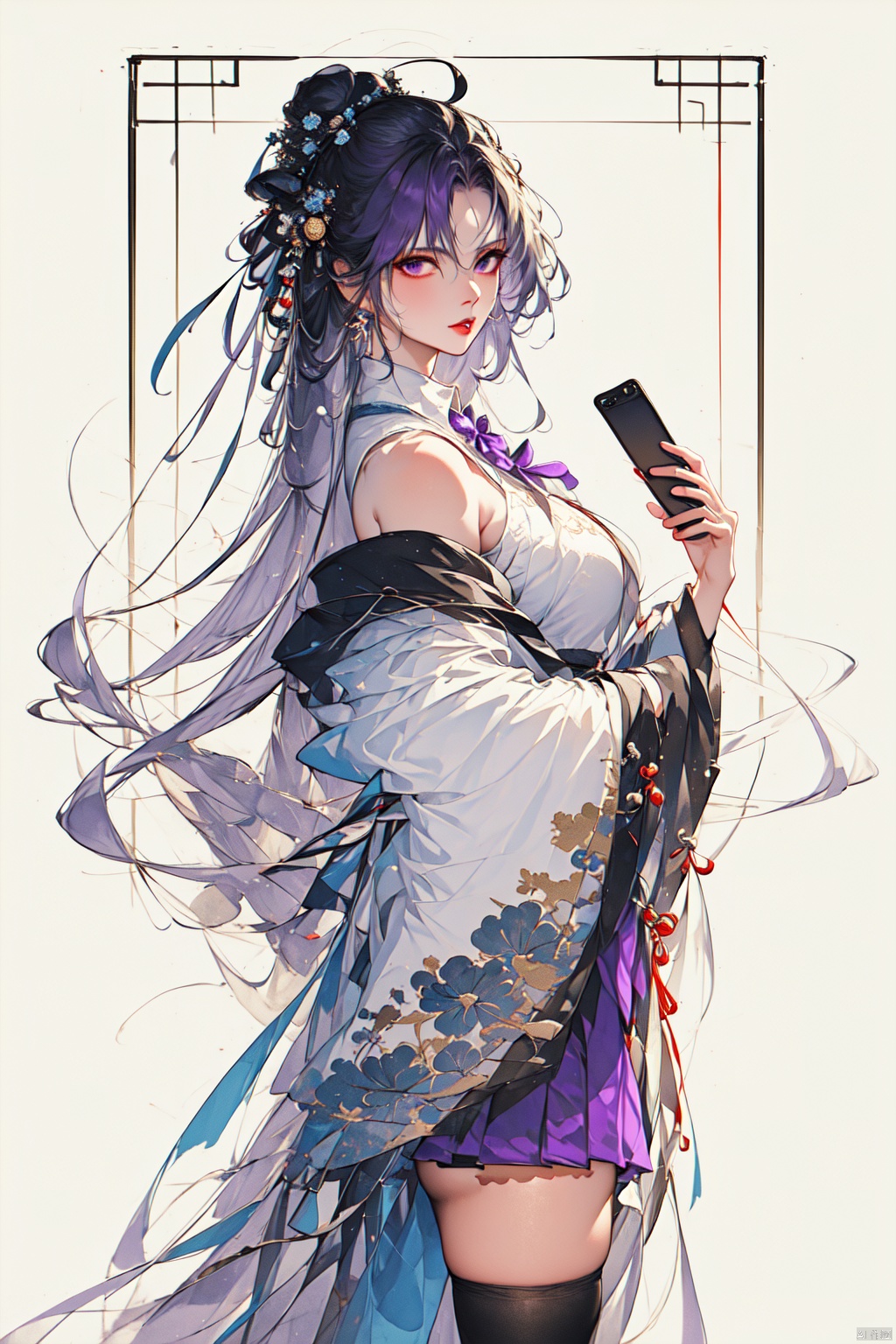  (best quality), (masterpiece),1girl, solo, thighhighs, long hair, holding, purple eyes, shirt, skirt, white shirt, holding phone, phone, white thighhighs, high-waist skirt, bangs, black skirt, looking at viewer, ribbon, hair ribbon, bow, very long hair, breasts, cellphone, medium breasts, parted lips, frills, black bow, black ribbon, bowtie, collared shirt, long sleeves, multicolored hair, sleeveless, ahoge, grey hair, bare shoulders, pleated skirt, sleeveless shirt, center frills, hair between eyes, off shoulder, standing, blurry background, blurry, zettai ryouiki, black bowtie, cowboy shot, indoors, purple hair, smartphone, white hair, Ink scattering_Chinese style, guoflinke
