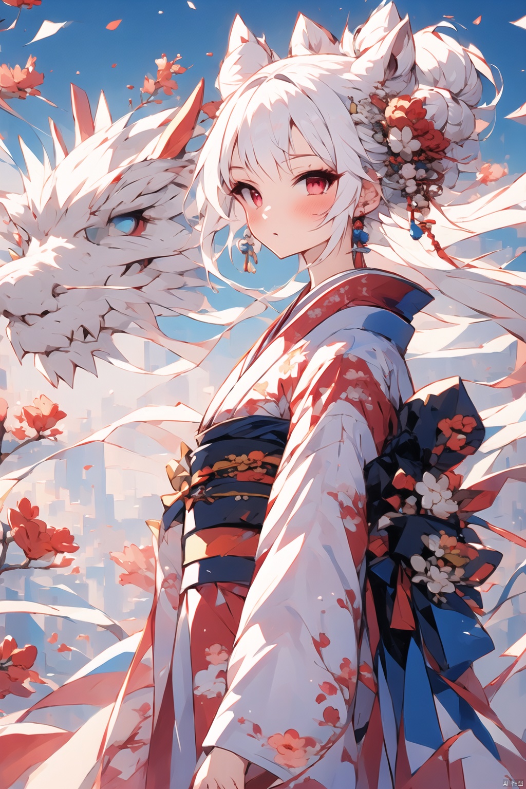  Dragon and girl, 1girl, dragon, japanese clothes, kimono, white hair, hair ornament, eastern dragon, blue eyes, red kimono, hair flower, hair bun, flower, sash, long sleeves, wide sleeves, obi, solo, petals, bangs, from side, floral print, single hair bun, closed mouth, sidelocks, long hair, red eyes, ribbon