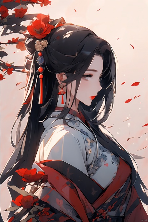  1girl, solo, long hair, black hair, hair ornament, jewelry, closed mouth, upper body, flower, earrings, blurry, from side, eyelashes, profile, makeup, red background, chinese clothes, red flower, tassel, branch, red lips, tassel earrings, guoflinke,midjourney portrait, Ink scattering_Chinese style, Dragon and girl,navel, jyy-hd, guidao