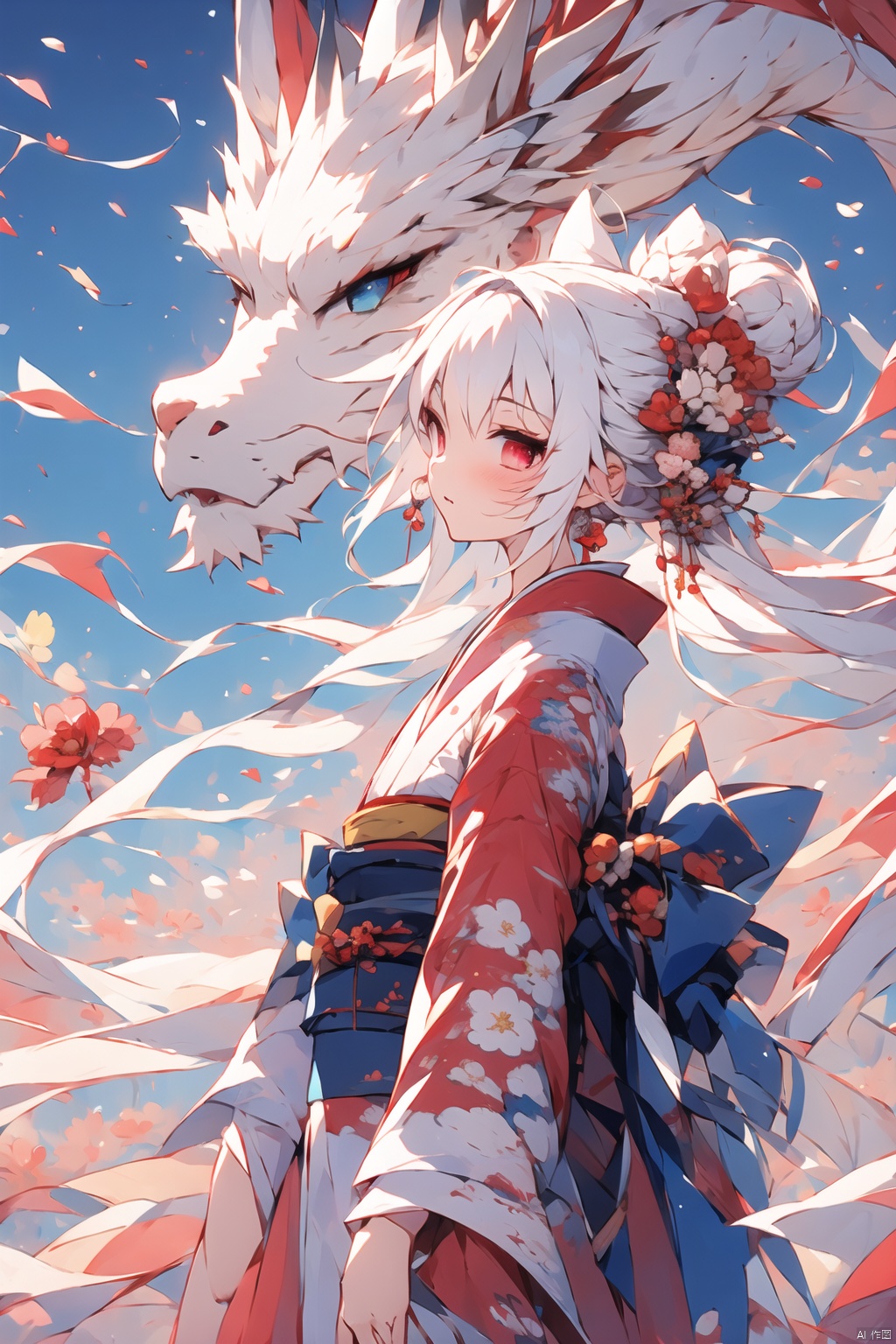  Dragon and girl, 1girl, dragon, japanese clothes, kimono, white hair, hair ornament, eastern dragon, blue eyes, red kimono, hair flower, hair bun, flower, sash, long sleeves, wide sleeves, obi, solo, petals, bangs, from side, floral print, single hair bun, closed mouth, sidelocks, long hair, red eyes, ribbon