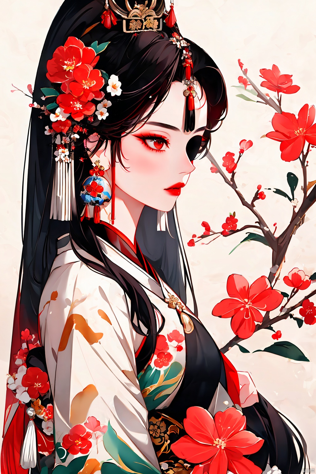  1girl, solo, long hair, black hair, hair ornament, jewelry, closed mouth, upper body, flower, earrings, blurry, from side, eyelashes, profile, makeup, red background, chinese clothes, red flower, tassel, branch, red lips, tassel earrings, guoflinke, midjourney portrait, Ink scattering_Chinese style, yifu, yue , hair ornament , hanfu, Chinese ink painting, wangyushan, (\yan yu\),yuzu, huliya, jujingyi, liuyifei,X-Yunxiao,yjmonochrome,ziling_xianzi, qingyi, bpwc, smwuxia Chinese text blood weapon:sw, Yunxiao_Fairy, xiaowu, meiren-red lips, meidusha,backlight, xiaoyixian, yunxi, duoliya, colors, tifa, tutult, Purity Portait, ((poakl)),purple hair, xihua,cyborg,Pink Mecha,fdjz, jianghu, long yedress and white blindfold, [(white background:1.5)::5], yunxiao, (\ji jian\),gchf,Ink and wash style