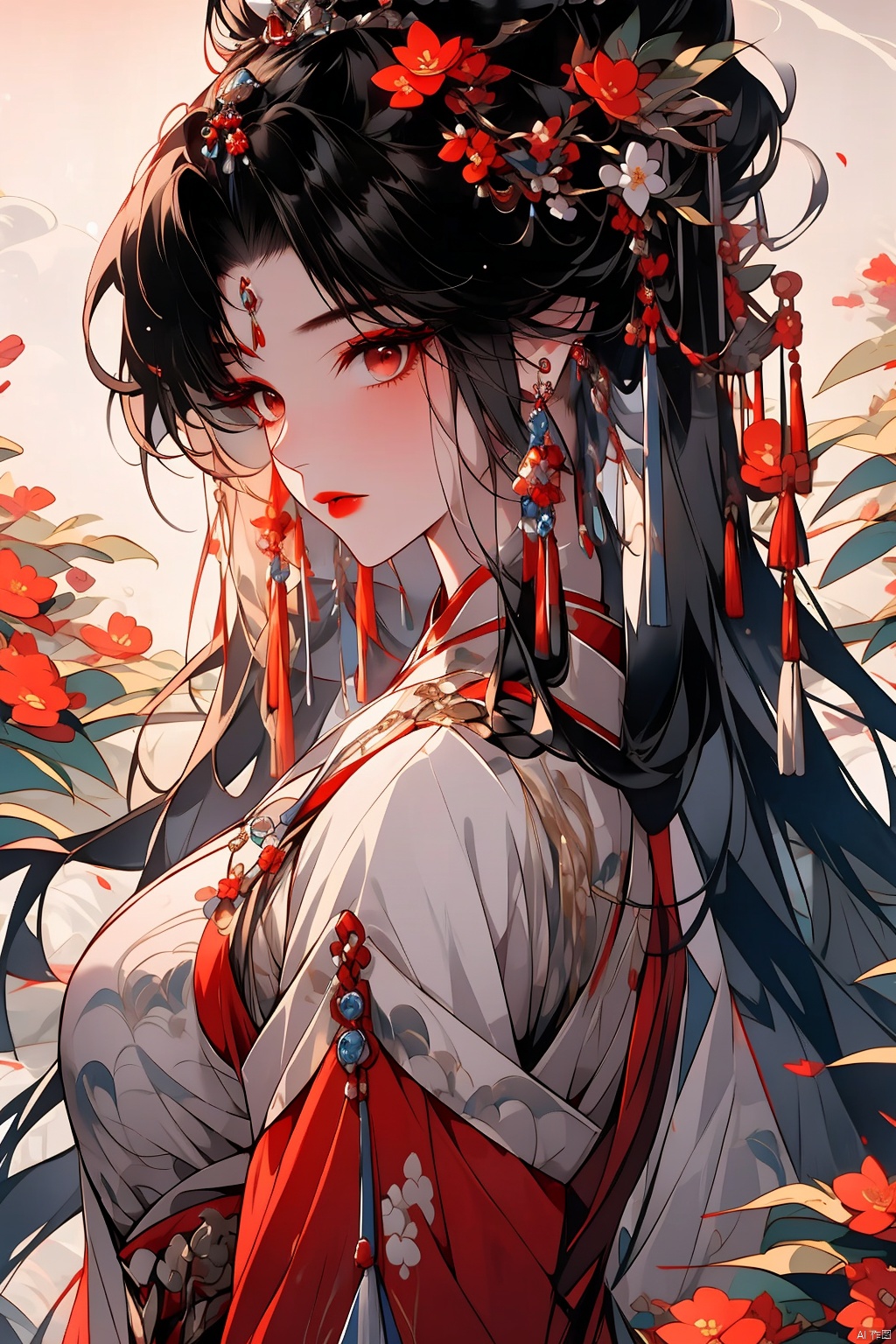  1girl, solo, long hair, black hair, hair ornament, jewelry, closed mouth, upper body, flower, earrings, blurry, from side, eyelashes, profile, makeup, red background, chinese clothes, red flower, tassel, branch, red lips, tassel earrings, guoflinke, midjourney portrait, Ink scattering_Chinese style, yifu, yue , hair ornament , hanfu, Chinese ink painting, wangyushan, (\yan yu\),yuzu, huliya, jujingyi, liuyifei,X-Yunxiao,yjmonochrome,ziling_xianzi, qingyi, bpwc, smwuxia Chinese text blood weapon:sw, Yunxiao_Fairy, xiaowu, meiren-red lips, meidusha,backlight, xiaoyixian, yunxi, duoliya, colors, tifa, tutult, Purity Portait, ((poakl)),purple hair, xihua,cyborg,Pink Mecha,fdjz, jianghu, long yedress and white blindfold, [(white background:1.5)::5], yunxiao, (\ji jian\),gchf,Ink and wash style, yue , hair ornament , hanfu, tianxie, yuechan