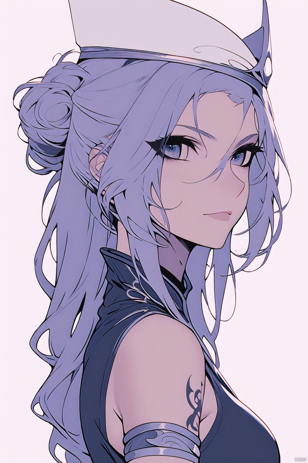  CG,Masterpieces, of the best quality,CG
masterpiece,best quality,
1girl, solo, breasts, bangs, blue eyes, shirt, dress, hair between eyes, bare shoulders, jewelry, blue hair, upper body, white hair, sky, sleeveless, hair bun, from side, gradient, gradient background, tattoo, profile, sleeveless dress, looking up, armlet, ice, crystal, arm tattoo, looking afar, mwuxia, Chinese ink painting, meidusha, （\personality\）, midjourney