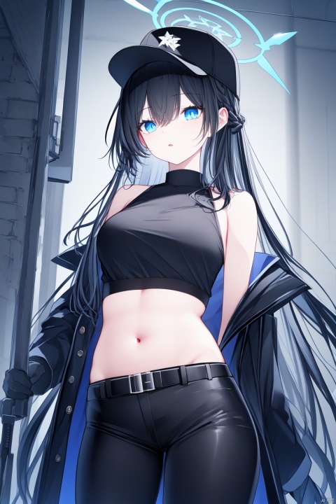  (best quality), (masterpiece),1girl, long hair, solo, breasts, hat, navel, gloves, crop top, blue eyes, stomach, black shirt, shirt, midriff, belt, looking at viewer, coat, sleeveless shirt, black gloves, pants, black hair, off shoulder, black headwear, white coat, black belt, bare shoulders, large breasts, black pants, sleeveless, snap-fit buckle, halo, bangs, baseball cap, cowboy shot, gun, weapon, holding, sig sauer, standing, open clothes, hair over one eye, open coat, parted lips, rifle, hair between eyes, long sleeves, harness, mask, very long hair