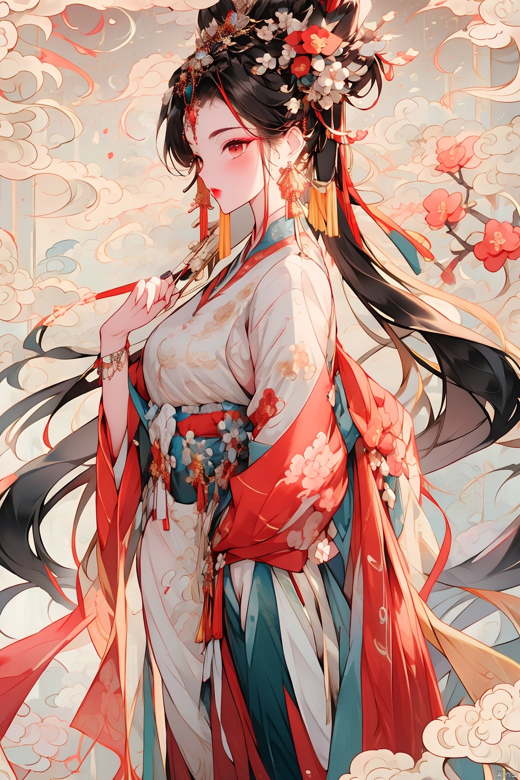  1girl, solo, long hair, black hair, hair ornament, jewelry, closed mouth, upper body, flower, earrings, blurry, from side, eyelashes, profile, makeup, red background, chinese clothes, red flower, tassel, branch, red lips, tassel earrings, guoflinke, midjourney portrait, Ink scattering_Chinese style, yifu, yue , hair ornament , hanfu, Chinese ink painting, wangyushan, (\yan yu\),yuzu, huliya, jujingyi, liuyifei,X-Yunxiao,yjmonochrome,ziling_xianzi, qingyi, bpwc, smwuxia Chinese text blood weapon:sw, Yunxiao_Fairy, xiaowu, meiren-red lips, meidusha,backlight, xiaoyixian, yunxi, duoliya, colors, tifa, tutult, Purity Portait, ((poakl)),purple hair, xihua,cyborg,Pink Mecha,fdjz, jianghu, long yedress and white blindfold, [(white background:1.5)::5], yunxiao, (\ji jian\),gchf,Ink and wash style, yue , hair ornament , hanfu