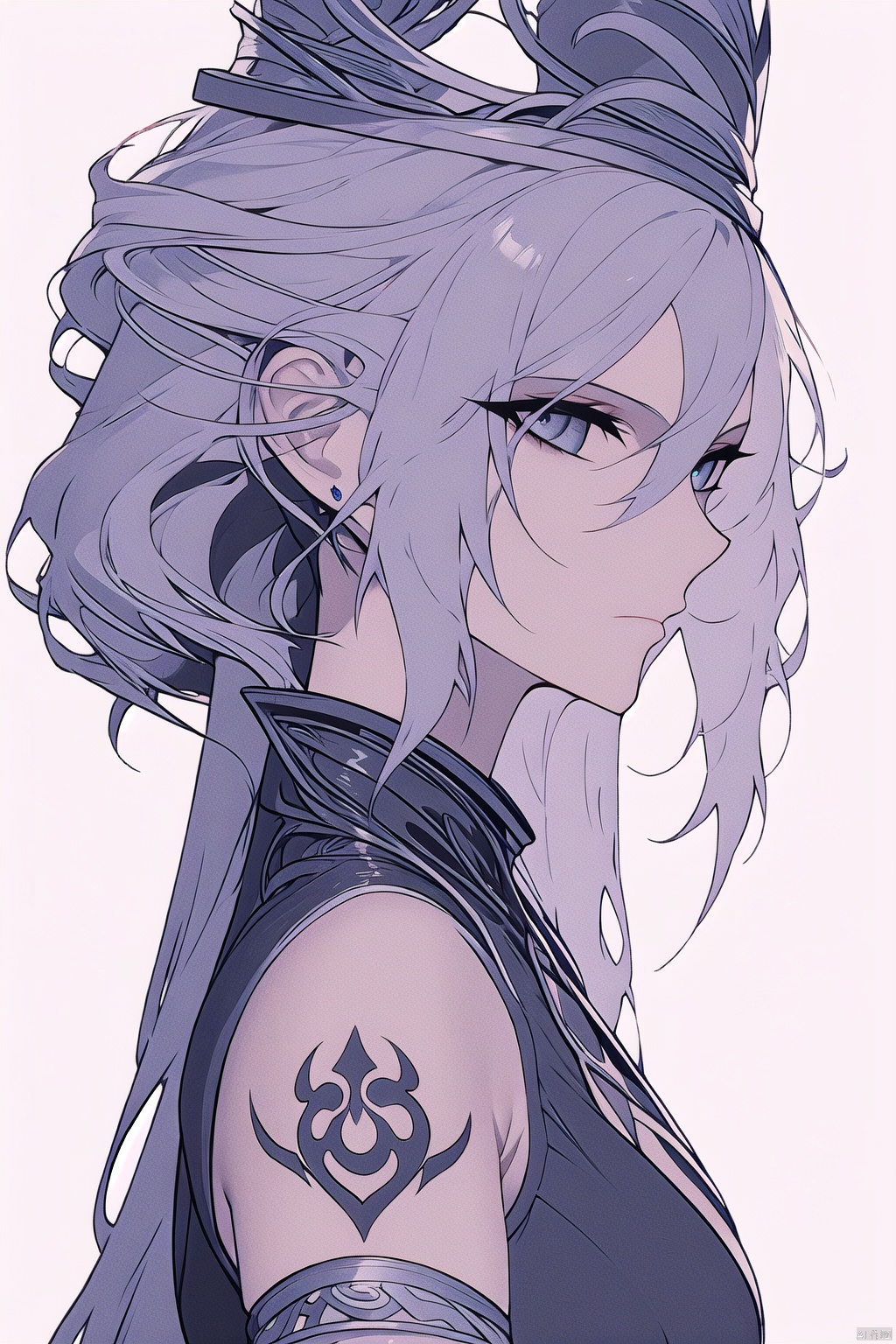  CG,Masterpieces, of the best quality,CG
masterpiece,best quality,
1girl, solo, breasts, bangs, blue eyes, shirt, dress, hair between eyes, bare shoulders, jewelry, blue hair, upper body, white hair, sky, sleeveless, hair bun, from side, gradient, gradient background, tattoo, profile, sleeveless dress, looking up, armlet, ice, crystal, arm tattoo, looking afar, mwuxia, Chinese ink painting, meidusha, （\personality\）, midjourney