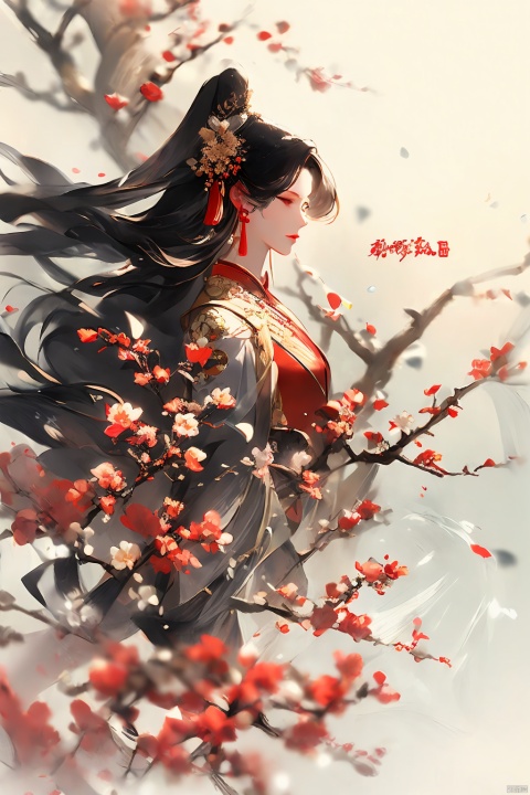  1girl, solo, long hair, black hair, hair ornament, jewelry, closed mouth, upper body, flower, earrings, blurry, from side, eyelashes, profile, makeup, red background, chinese clothes, red flower, tassel, branch, red lips, tassel earrings, guoflinke, midjourney portrait, Ink scattering_Chinese style