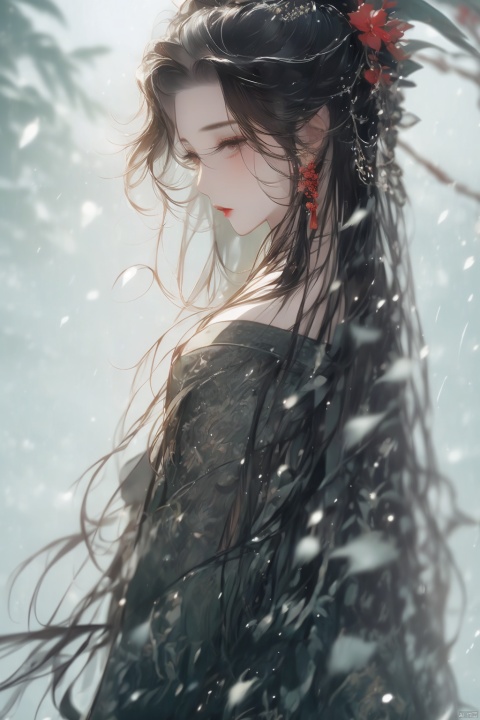  1girl, solo, long hair, black hair, hair ornament, jewelry, closed mouth, upper body, flower, earrings, blurry, from side, eyelashes, profile, makeup, red background, chinese clothes, red flower, tassel, branch, red lips, tassel earrings, guoflinke,midjourney portrait, Ink scattering_Chinese style, Dragon and girl,navel, jyy-hd, guidao, girl, dragon, liuyifei, xiaowu, OL,dofas
