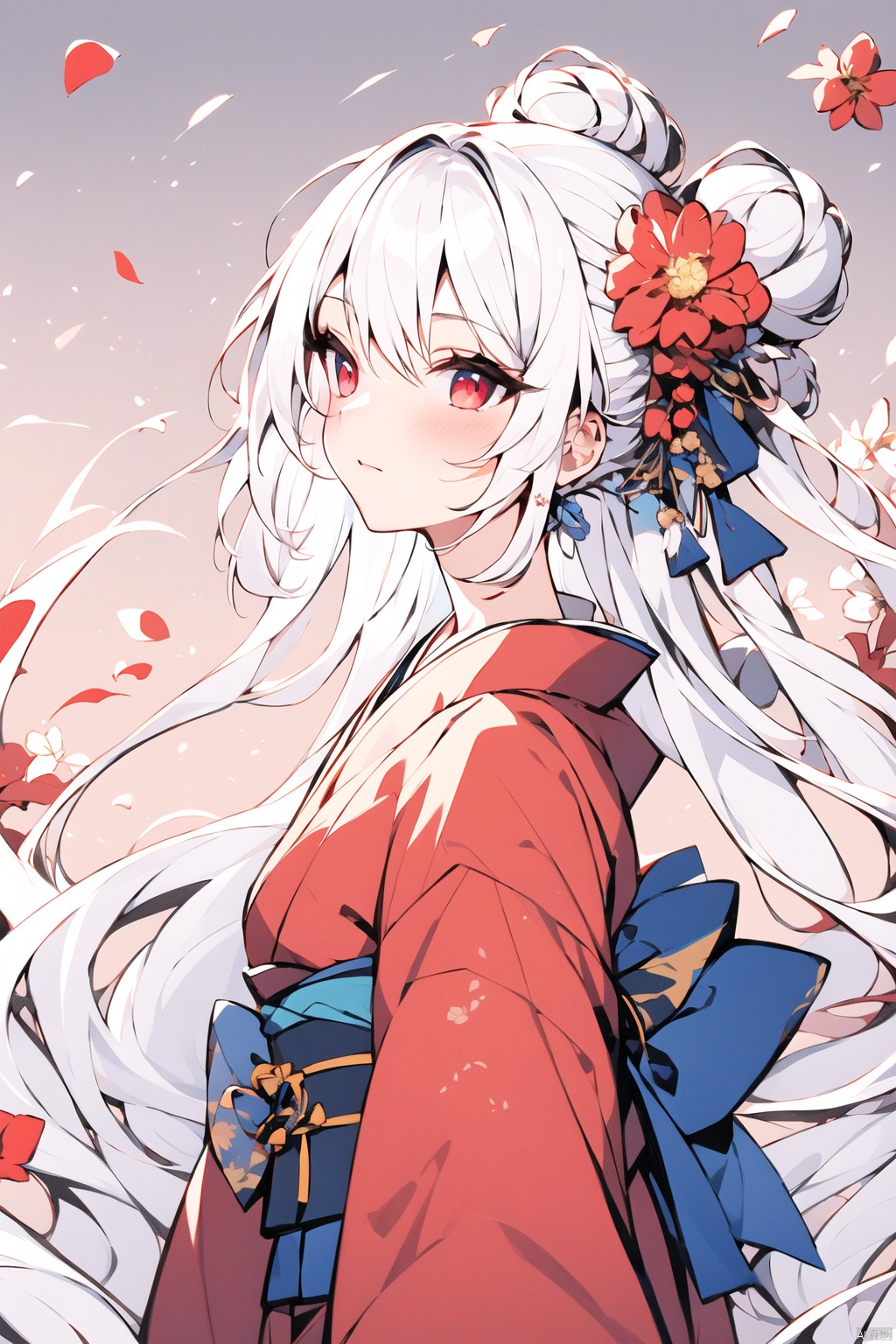  Dragon and girl, 1girl, dragon, japanese clothes, kimono, white hair, hair ornament, eastern dragon, blue eyes, red kimono, hair flower, hair bun, flower, sash, long sleeves, wide sleeves, obi, solo, petals, bangs, from side, floral print, single hair bun, closed mouth, sidelocks, long hair, red eyes, ribbon