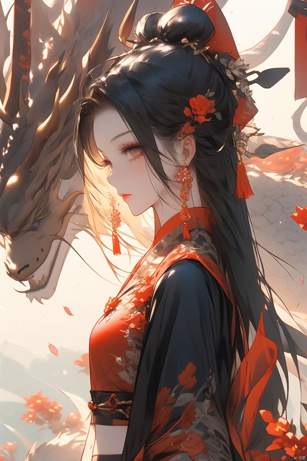  1girl, solo, long hair, black hair, hair ornament, jewelry, closed mouth, upper body, flower, earrings, blurry, from side, eyelashes, profile, makeup, red background, chinese clothes, red flower, tassel, branch, red lips, tassel earrings, guoflinke,midjourney portrait, Ink scattering_Chinese style, Dragon and girl,navel, jyy-hd, guidao