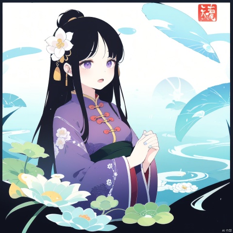  the 24 Traditional Chinese Solar Terms\(Rain Water\),flat,bright  background,flower,water，chinese classical woman with purple clothes in song dynasty style