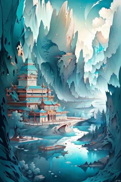 best quality,masterpiece,colorful,wallpaper,highresolution,ultra_detailed,soft lighting,(detailed ice),beautiful detailed water,building,fantasy,(scenery)