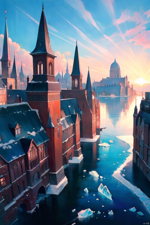 best quality,masterpiece,colorful,wallpaper,highresolution,ultra_detailed,soft lighting,(detailed ice),beautiful detailed water,building,fantasy,(scenery),beautiful sky,