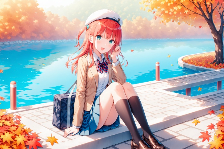 1girl, solo, long hair, looking at viewer, smile, open mouth, bangs, red eyes, skirt, red hair, shirt, hair ornament, long sleeves, hat, bow, sitting, school uniform, jacket, white shirt, :d, pleated skirt, outdoors, open clothes, shoes, day, socks, striped, collared shirt, hand up, bowtie, bag, black footwear, red bow, aqua eyes, open jacket, blue skirt, kneehighs, leaf, beret, white headwear, one side up, brown footwear, blazer, black socks, loafers, red bowtie, school bag, brown jacket, striped bow, autumn leaves, striped bowtie, deep forest,tree,path,river,bridge,water