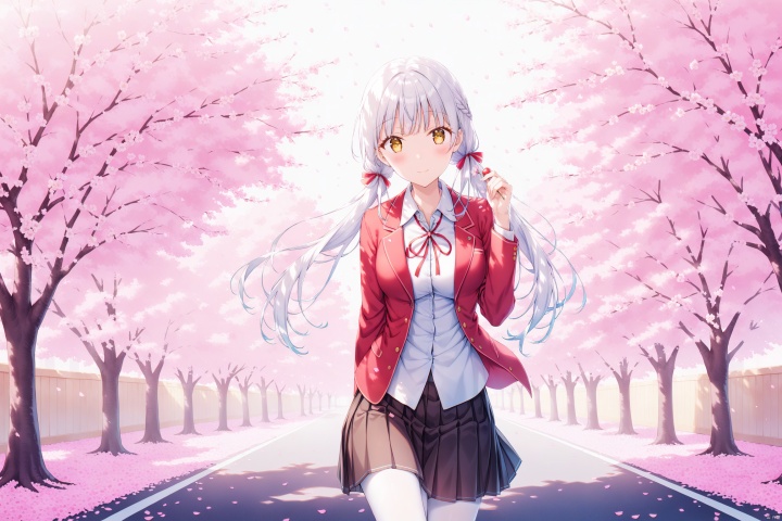  1girl, solo, long hair, breasts, looking at viewer, blush, smile, bangs, skirt, white hair, shirt, long sleeves, ribbon, holding, twintails, brown eyes, medium breasts, very long hair, closed mouth, school uniform, jacket, hair ribbon, yellow eyes, white shirt, braid, flower, pantyhose, pleated skirt, frills, open clothes, collared shirt, hand up, black skirt, open jacket, red ribbon, petals, dress shirt, neck ribbon, blazer, cherry blossoms, red jacket, pink flower, arm behind back, white pantyhose, brown skirt,cherry_blossoms,bike,road