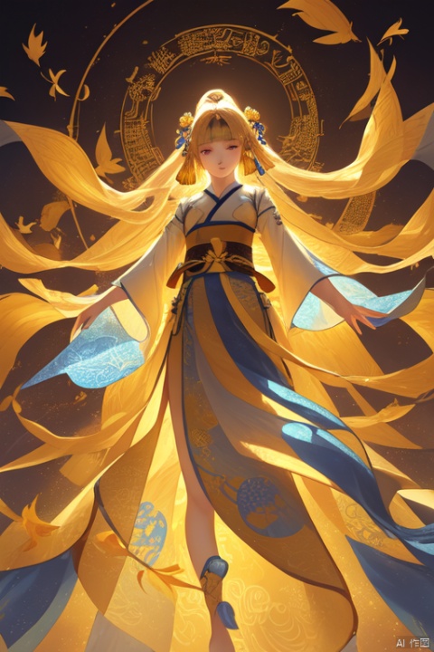 A large scroll is suspended in the air, with many scattered golden leaves floating around it. Light shines through from behind and illuminates an ancient space full of blue and yellow hues.A person stands below the scroll, wearing Hanfu and gazing up at its intricate patterns. This scene combines traditional art elements with a futuristic design to create a visually stunning conceptual art piece in the style of traditional Chinese art. 