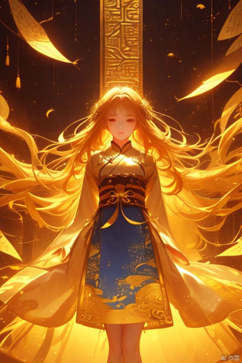 A large scroll is suspended in the air, with many scattered golden leaves floating around it. Light shines through from behind and illuminates an ancient space full of blue and yellow hues.A person stands below the scroll, wearing Hanfu and gazing up at its intricate patterns. This scene combines traditional art elements with a futuristic design to create a visually stunning conceptual art piece in the style of traditional Chinese art. --ar 3:4