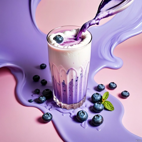  The splashing liquid, falling fruit, and a photo of a blueberry milk mixture present a visual beauty and appeal. Bright colors, mixed with elements of blueberries and milk. The center of the drink is lavender blueberry juice and some fresh blueberry pulp, while the surrounding is white milk foam,