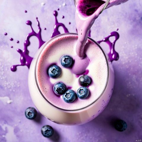  The splashing liquid, falling fruit, and a photo of a blueberry milk mixture present a visual beauty and appeal. Bright colors, mixed with elements of blueberries and milk. The center of the drink is lavender blueberry juice and some fresh blueberry pulp, while the surrounding is white milk foam,