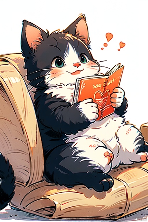(Masterpiece, high quality), a orange-black cat, sitting on the sofa with a white background, with a book in her hand.