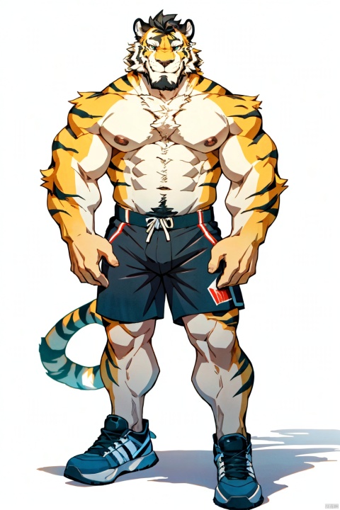 tiger,muscula,pubic hair,chest hair,solo,facial hair, muscular, pectorals, muscular male, jewelry, smile, bara,nipples, whole body, short hair, realistic, black hair, looking at viewer, nude, beard, large pectorals, chest hair, mature male,best quality,shorts,leg hair,shoes