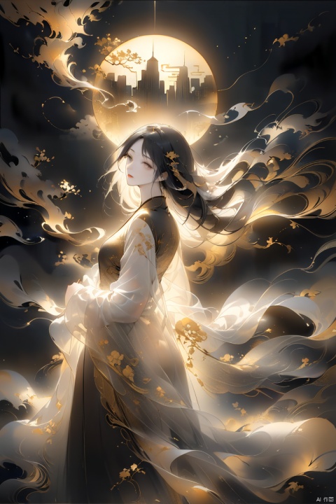 Transparent embroidery, light in front and dark in back, cityscape, night, darkness, long-haired woman, Chinese text. Flowing golden art, silk transparent material style, abstract design, ethereal phantom, realistic, black and white tones.
