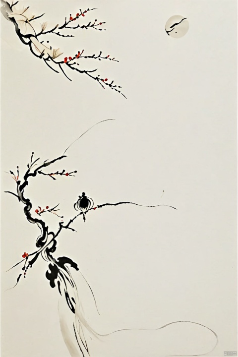 Plum blossom, petals, (butterfly, close-up - standing on plum blossom bud: 1.36), minimalist ink painting, shenhua