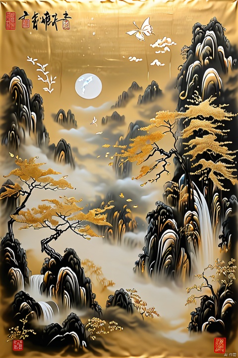 Translucent acrylic, top light, backlight, outline light Chinese landscape painting, poetry, butterflies, bamboo forest, floating leaves, clouds, moon, black mountains. Fluid gold art, optical fiber transparent material style, abstract design, ethereal phantom, lifelike, black and white tones,​