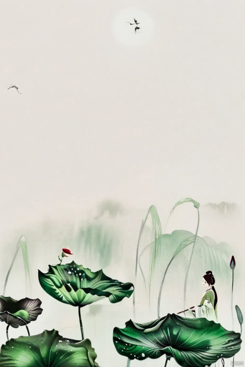 Lotus, dragonfly (standing on lotus leaf), water bloom, minimalist ink painting